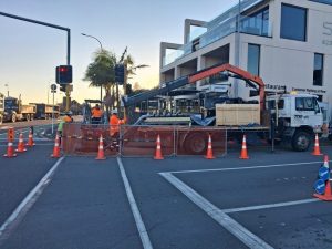 TDG Environmental crew and crane at the Rocks Road, Nelson work site